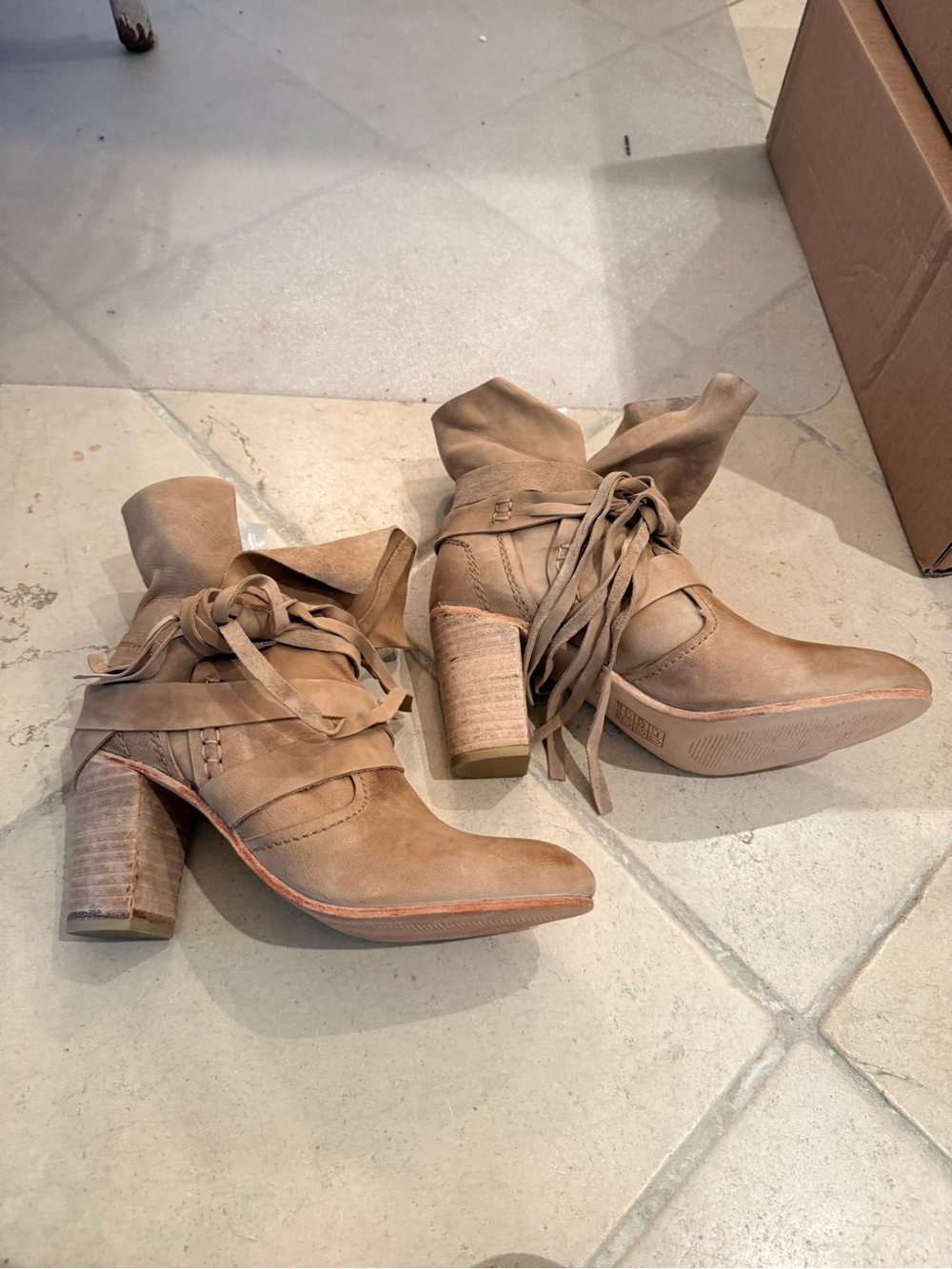 Free People “Seven Wonders” Wrap Ankle Boots in Tan Leather